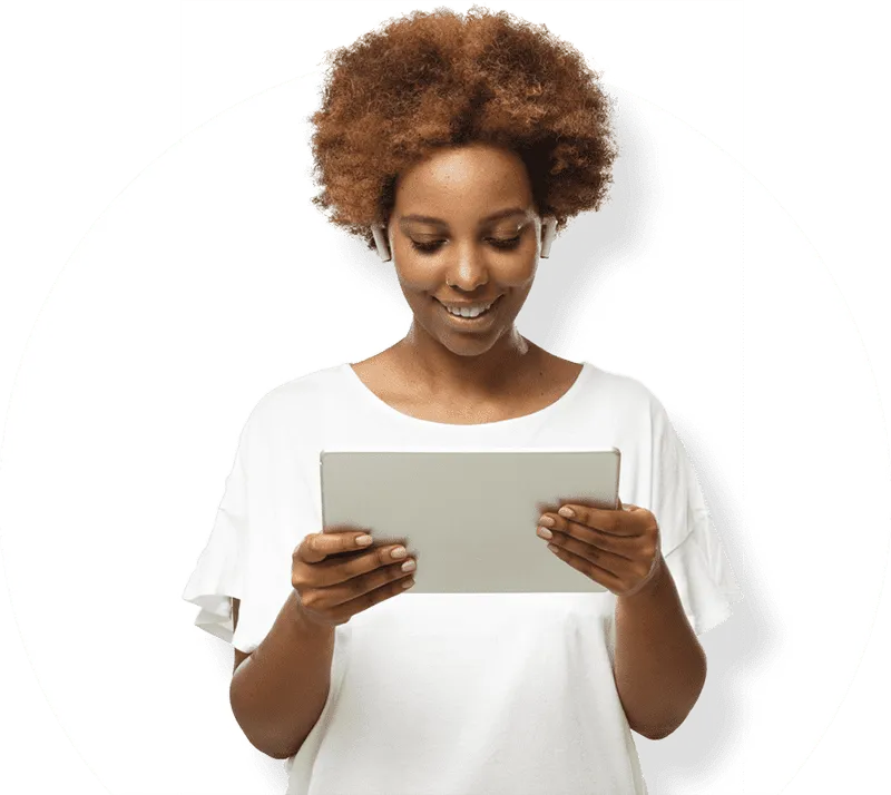 girl using air pods and a tablet to use the medical simulator