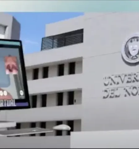 Escuela de Medicina de la Universidad del Noreste simbol with a pc running medical simulator