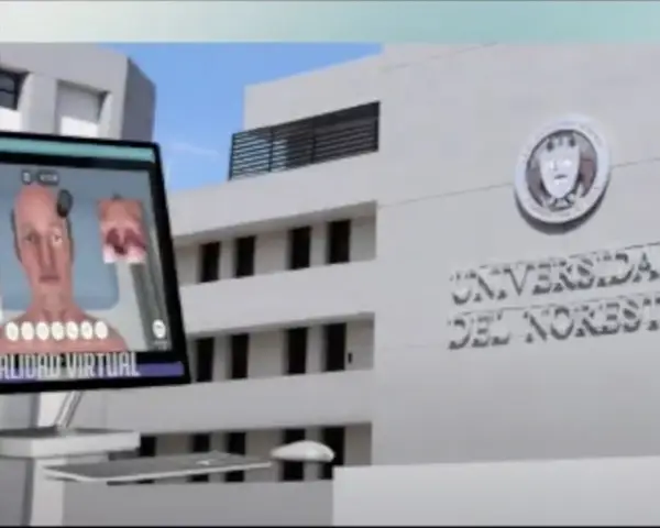 Escuela de Medicina de la Universidad del Noreste simbol with a pc running medical simulator
