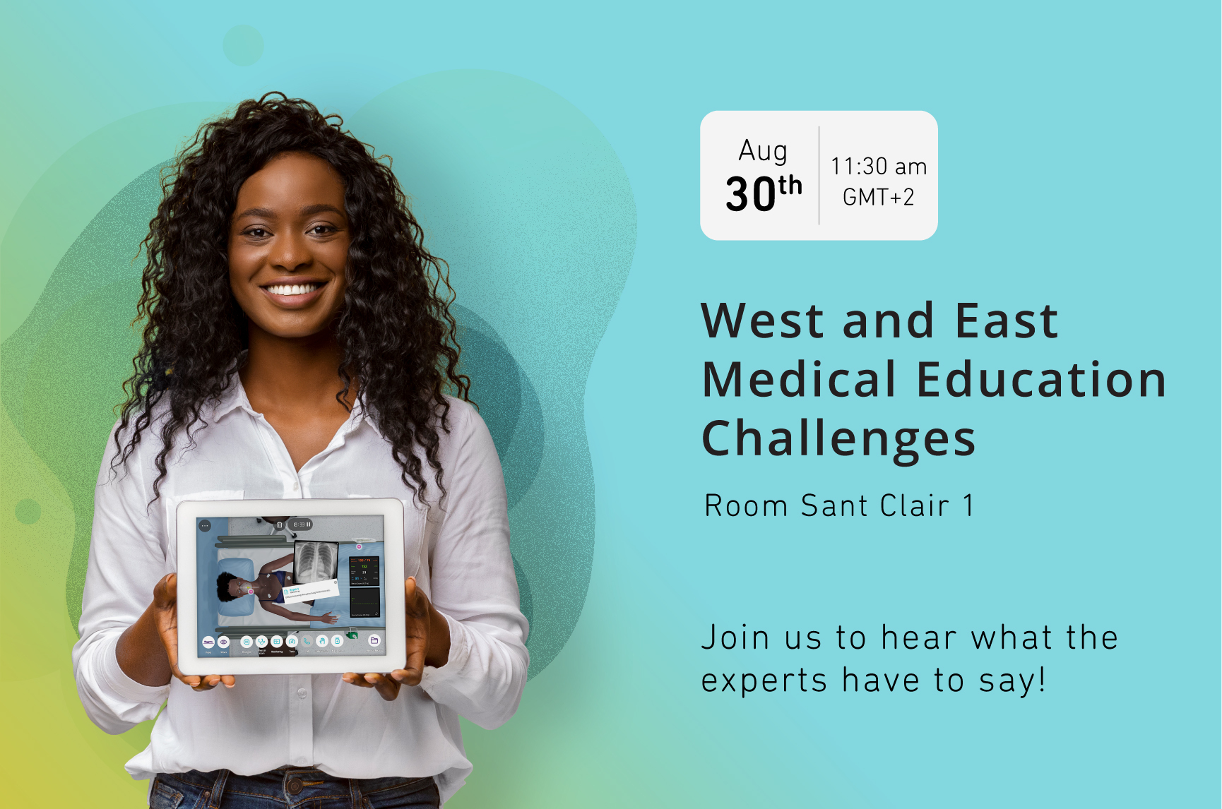 informative banner about amee workshop on edical education challenges with a girl holding a tablet presenting body interact virtual patient simulator